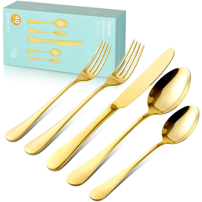 Набір столових приборів OGORI для 6 осіб, 30 предметів, з дзеркально відполірованим золотим покриттям, 18/10 нержавіюча сталь, набір столових приборів для дому/вечірки/ресторану (у подарунковій коробці). Набір столових приборів для 6 осіб (набір столових 