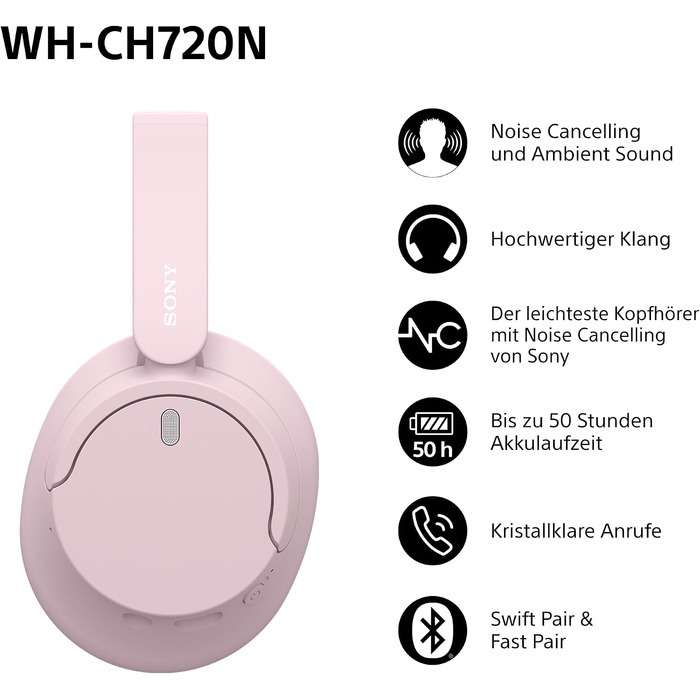 Бездротові Bluetooth-навушники Sony WH-CH720N з активним шумозаглушенням, до 50 годин автономної роботи, рожеві