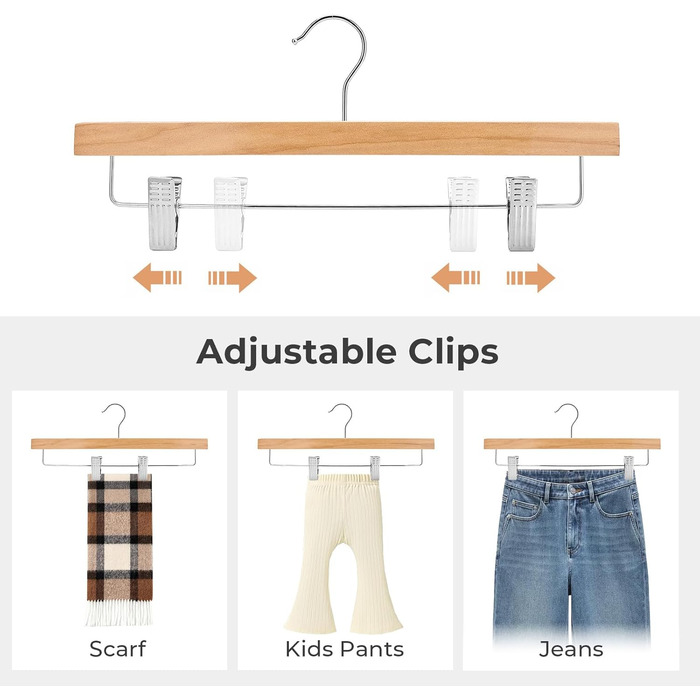 Дерев'яні вішалки для штанів та одягу HOUSE DAY з кліпсами, 25 шт. Вішалки для спідниць, дерев'яні білі вішалки для одягу, компактні вішалки для штанів з обертовим гачком 360°, ширина 35,5 см (натуральне дерево)