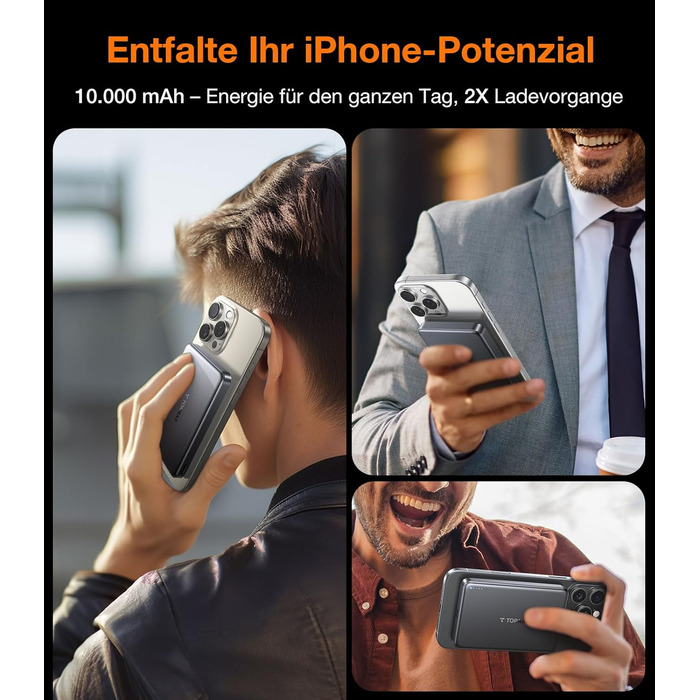 Портативний зарядний пристрій TORRAS MiniMag Qi2 з MagSafe, 10000mAh, сертифікований Qi2, магнітний, з кабелем USB-C 30W, бездротовий зарядний пристрій 15W для iPhone 17 Pro Max/Air/12-16, AirPods, сірий, титан