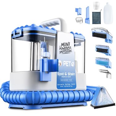 Портативний мийник для м'яких меблів, 600W, 16Kpa, 500мл розчин, 5 насадок. Для диванів, килимів, авто, сходи. Легкий, компактний, блакитний.