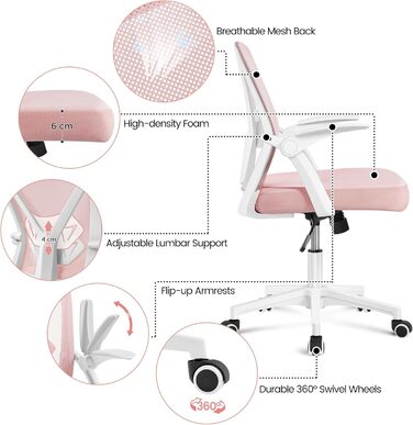 Офісне крісло Yaheetech з підйомними підлокітниками, сітчасте, ергономічне, з підтримкою попереку, функцією гойдання та регулюванням висоти (Рожеве)