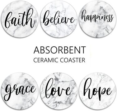Britimes Drink Coasters, Set of 6, White Marble, Inspiring Love, Absorbent, Round, Ceramic-Stone Mat, with Cork Bottom and Metal Holder, Housewarming Gift, Bar, Decor