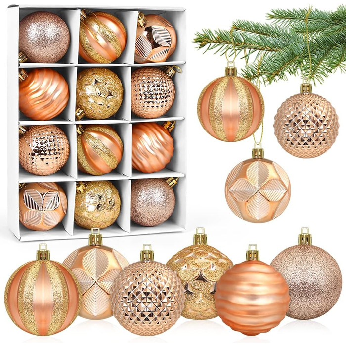 Новорічні кулі для ялинки, пластик, 6 см, набір 12 шт. (рожево-золотий)