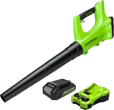 Greenworks G24ABK2 Axial Cordless Leaf Blower, 156 km/h, 4.27 m³/min, 24V 2Ah Battery & Charger, 3-Year Warranty