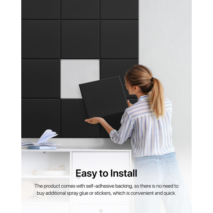 Акустичні панелі для шумоізоляції стін самоклеючі, квадратні звукопоглинаючі плити високої щільності, 30x30x0.9 см, чорні, 12 шт.