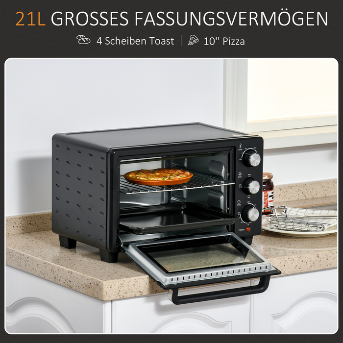 HOMCOM Mini Oven 21L, 3 Cooking Modes, 100°C-230°C, 1400W, Stainless Steel & Glass, Black+Silver, 46.4x38x28.5cm | Aosom
