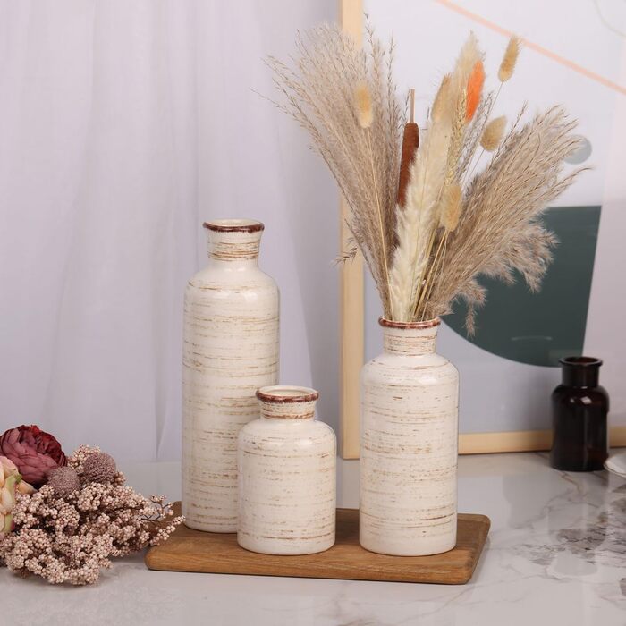 Набір керамічних ваз білого кольору – 3 шт., вази в стилі бохо, сучасний сільський інтер'єр, декор для вітальні, прихожої, полиці, каміна, полиці (Hp009)
