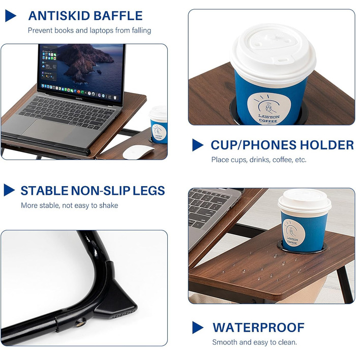 Зручний столик-підставка для ноутбука в ліжко/диван, регульований, складаний, з підстаканником (Darkwalnut)