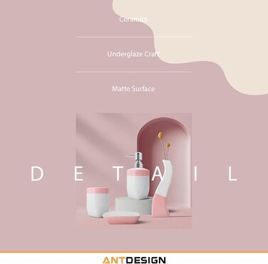 Набір аксесуарів для ванної кімнати з кераміки, 5 шт. (помпа, дозатор мила, мильниця, тримач для зубних щіток, ваза), рожевий, для сучасного декору