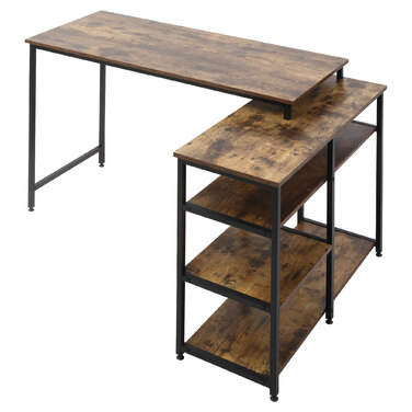 HOMCOM L-Shaped Corner Desk, PC Table with Shelf and Drawer, 135x90x79cm, Rustic Brown, Particleboard & Metal, for Office & Home Office