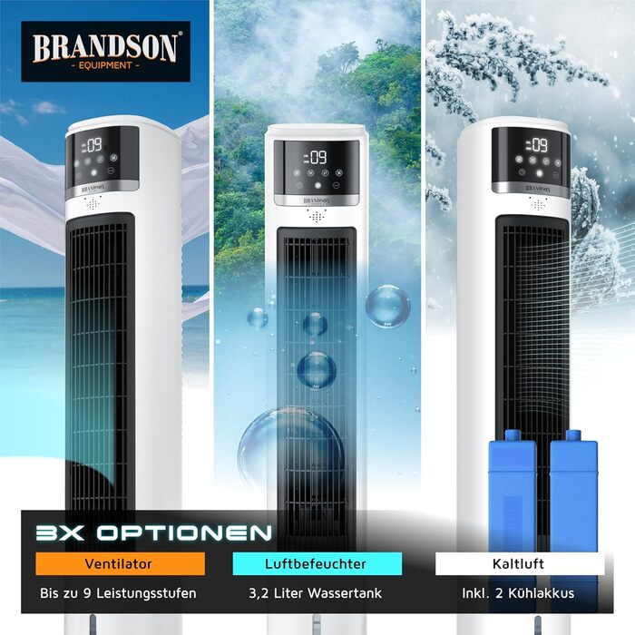 Вентилятор з водяним охолодженням Brandson ECO Design: тихий, 9 швидкостей, таймер, осциляція, іонізація, з пультом, білий