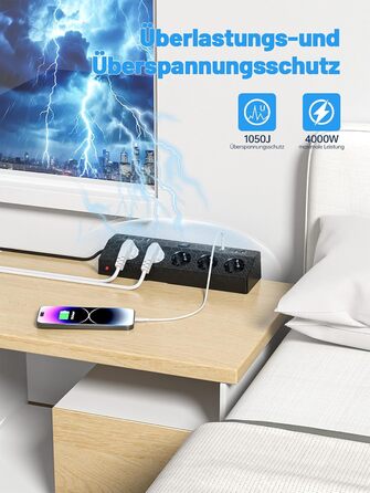 Мережевий фільтр PASSUS з 5 розетками, 2 USB-C (PD 30W), захист від перенапруги, індивідуальне вмикання, 10-в-1, з кабелем 2м, для офісу, чорний