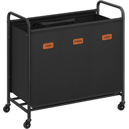 SONGMICS Laundry Basket with Wheels, 3-Compartment Laundry Sorter, 170 L Laundry Sorter, Mobile Laundry Cart, 5 Labels, for Laundry Room, Bedroom, Bathroom, Ink Black RLS330B01