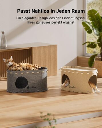Felt Cat Cave, Felt Cat House, Cat Bed, Cat Cave for Cats, 58 x 33 x 30cm, Peek-a-Boo for Play, Winter-Proof, Cat Nail Protection, Beige (Felt Cat Cave Grey)