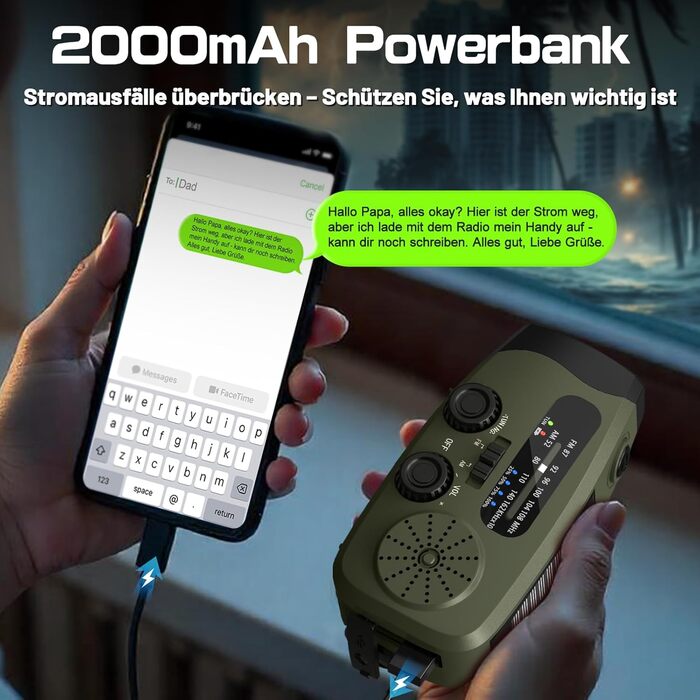 Радіо на механічній та сонячній енергії Notfall Kurbel Radio з Power Bank, USB, AM/FM, SOS-сигналом, ліхтариком - зелений