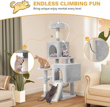 Кігтеточка YITAHOME XL, 137 см, з 2 сизалевими стовпчиками, 1 платформою, 2 хованками, гамаком, плюшевими кульками, дощечкою для заточування кігтів, котячий комплекс, сірий 45 x 45 x 137 см