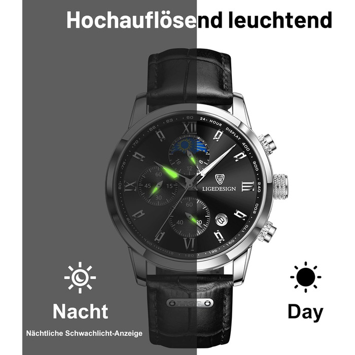 Годинник чоловічий LIGE, Хронограф, Аналоговий кварц, Ремінець зі шкіри, Календар, Світлодіодне підсвічування, Водостійкий 3ATM, Чоловічий годинник для бізнесу та відпочинку, Чорний