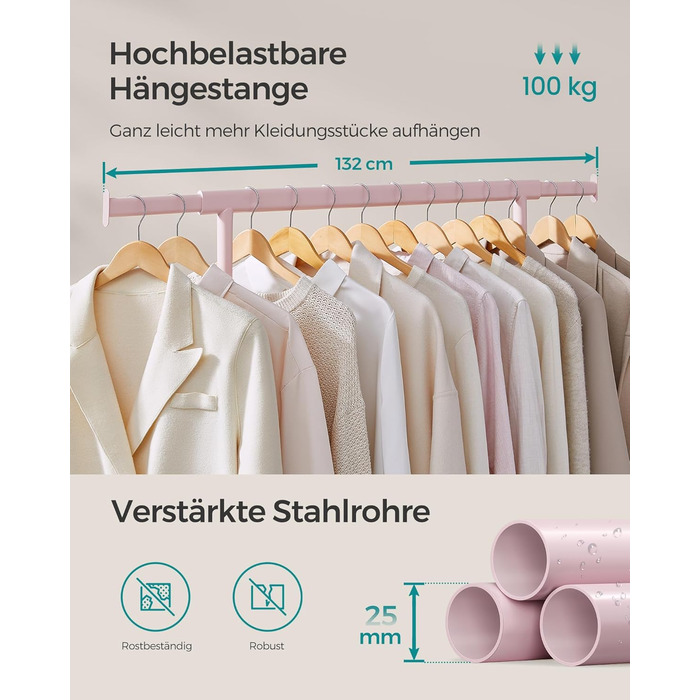 SONGMICS Стійка для одягу на коліщатках, важка, висувна штанга, до 100 кг, рожева HSR013R01, 92-132 см