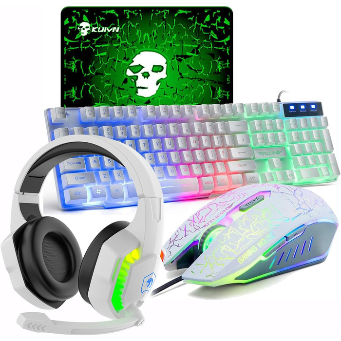 Ігровий набір клавіатури та миші UK-Layout 4-в-1 з підсвічуванням Rainbow, миша 2400 DPI, навушники та килимок для ПК
