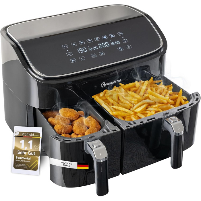 Фритюрниця повітряна Sommertal HF760-7,6L XXL з сенсорним екраном, 8 програм, 2000 Вт - енергоефективна та здорова, велика фритюрниця Air Fryer (9.0L Dual)