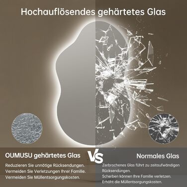 Дзеркало для ванної кімнати з підсвічуванням, без рами, 50x75 см, арочне, антизапар, сенсорний вимикач, регульована яскравість, 3 кольори світла