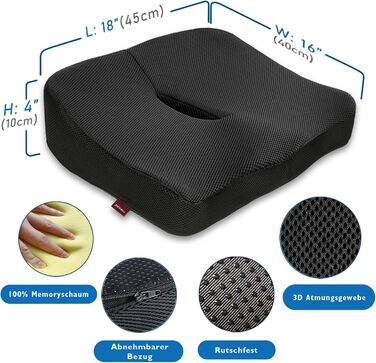 Подушка ортопедична для сидіння з піни Memory Foam, чорна 45x40 см. Зняття болю в спині, попереку, куприку та при ішіасі. Для офісного крісла, авто, інвалідного візка.