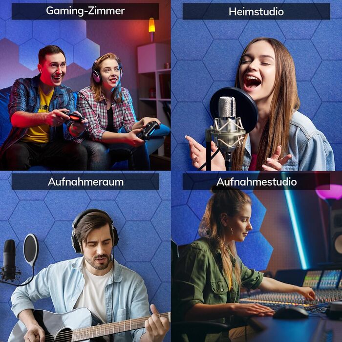 Акустичні гексагональні панелі TONOR самоклеючі для звукоізоляції, набір 12 шт, 30x26x1 см, зелені — шумопоглинаючі плитки для студії, офісу та геймерської кімнати