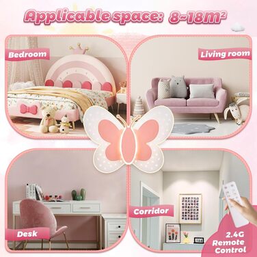 LED Ceiling Light Pink Butterfly Ceiling Lamp Dimmable with Remote Control, Night Light Function, Children's Room Bedroom Living Room Hallway Boys and Girls Bedroom Ceiling Lights 45cm