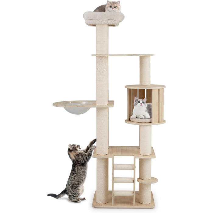 Дерев'яний котячий комплекс COSTWAY 197 см з гамаком, будиночком та кошиком, 7-ярусний, бежевий