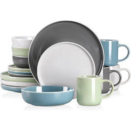 Набір посуду Vancasso SESAM Serie (16 предметів) – керамічний сервіз для 4-12 осіб, скандинавський дизайн (темно-сірий, сірий, блакитний, зелений)
