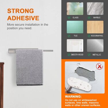 Тримач для рушників Ibergrif M34453A без свердління, 39 см, нержавіюча сталь 304, самоклеючий, срібний (39 x 6 x 4 см)