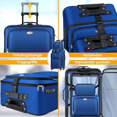 Набір валіз KESSER® 4-в-1 | Чотири валізи з тканини з кодовим замком TSA, 360° колесами та телескопічною ручкою | Косметичка, ручна поклажа, великі валізи для подорожей та бізнесу (Блакитний)