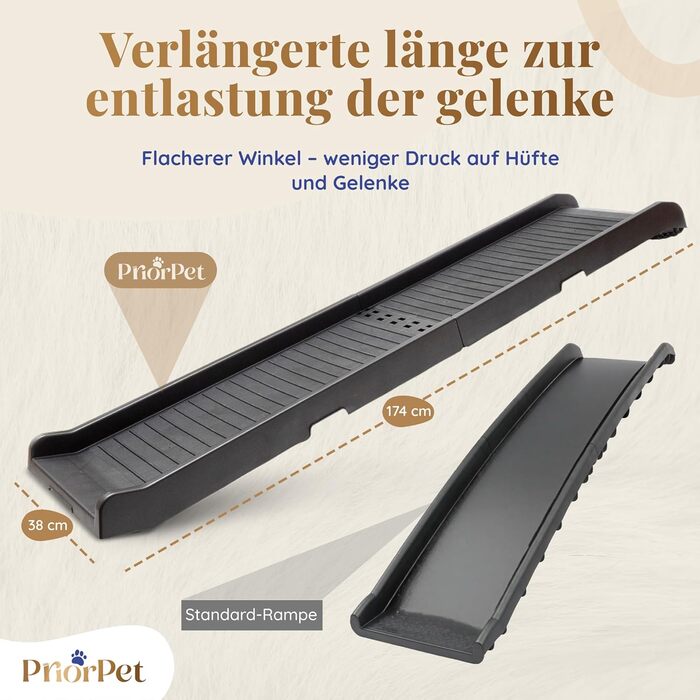 Рампа для собак у машину, складана – 174 см, 38 см – чорна, з протиковзким покриттям, для великих собак, до 85 кг – підходить для авто та SUV