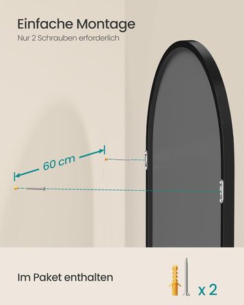Дзеркало для ванної кімнати SONGMICS, настінне, з алюмінієвою рамою, 91 x 61 см, з захисною плівкою, 2 способи кріплення, для ванної, спальні, вітальні, LWM010BD01 (округле, чорний)