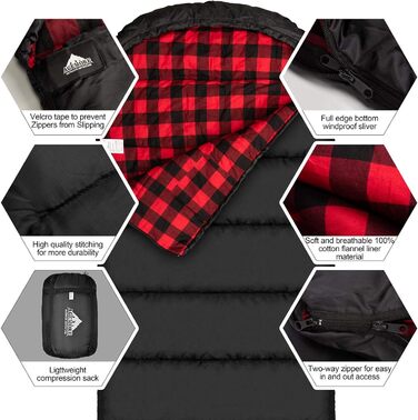 Cotton Flannel Sleeping Bag for Adults - 100% Cotton Liner Sleeping Bag for Camping, Hiking, Backpacking - Lightweight & Portable - 3-4 Season Warm Weather - Black/Red