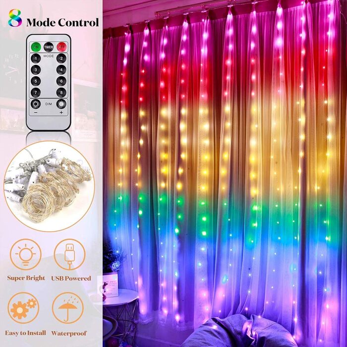 Льодогенератор 3Mx3M з 300 LED, USB, 8 режимів, пульт, таймер, вологостійкий, для дому, вечірки, свят (білий, ірис)