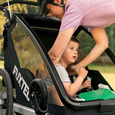 Причіп для велосипеда Fuxtec Sportfux на 2 місця, з багажником, відбивачами, ручкою-штовхачем, захистом від дощу та сонця, складний, фіолетовий FX-FA1 (сірий)