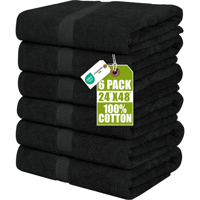 Набір банних рушників Utopia Towels, 100% бавовна, 60x120 см, 6 шт, м'які та гігроскопічні рушники для душу, басейну та готелю (Чорний)
