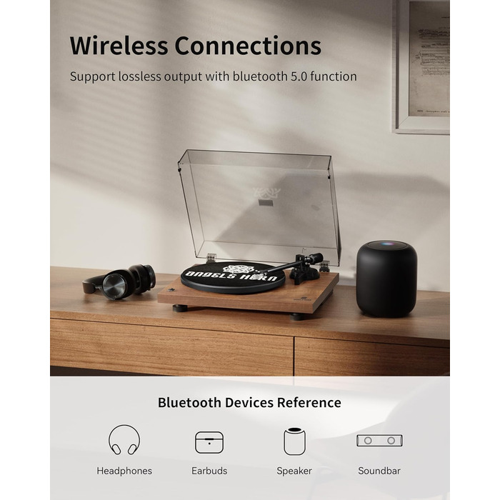 Програвач вінілу ANGELS HORN Bluetooth з підсилювачем, ремінним приводом, 2 швидкості (33/45 об/хв), картридж AT-3600L, горіх
