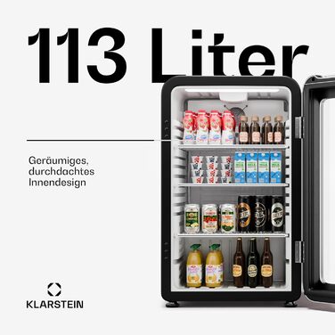 Klarstein Audrey Evo: Холодильник для напоїв 68L, ретро-дизайн, LED-підсвітка, подвійне скло, 0-10°C, клас енергоефективності C, регульовані ніжки, чорний