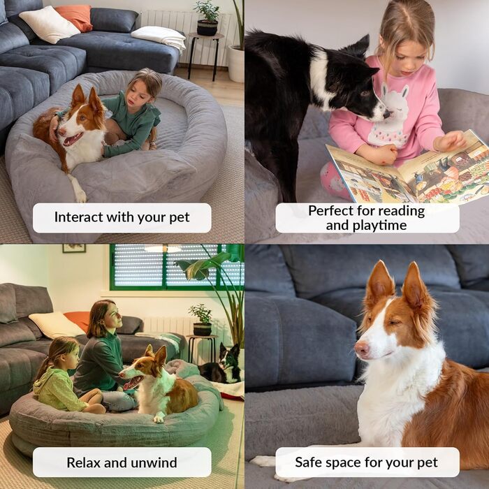 Dog Bed for Humans & Dogs | Giant Human Dog Bed for People | Warm & Comfortable Beanbag Bed | Dog Bed for People & Pets in Human Size | Blanket Included & Removable Cover | Grey