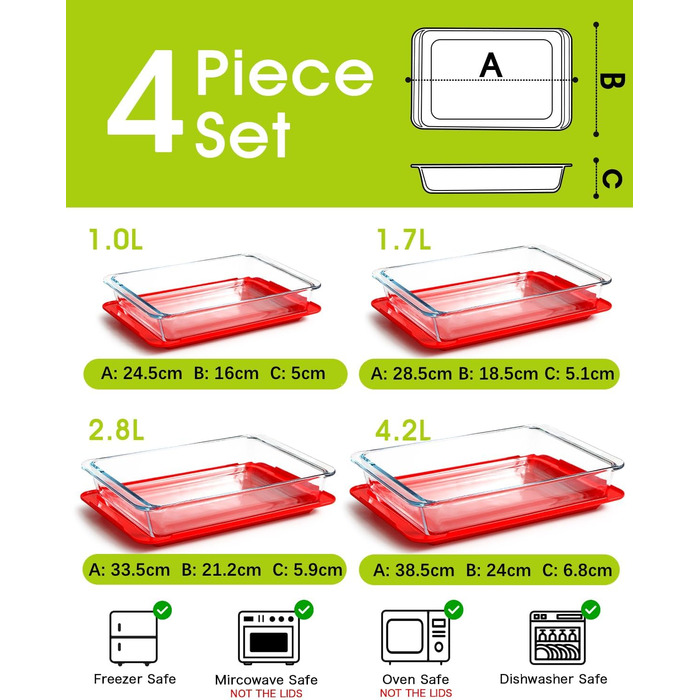 Set of 4 Glass Casserole Dishes with Lids, 1+1.7+2.8+4.2L - Lasagna Dish for Oven (NOT THE LID), Rectangular, Glass Storage Containers with Plastic Lid Rectangular with Lid - 1+1.7+2.8+4.2L