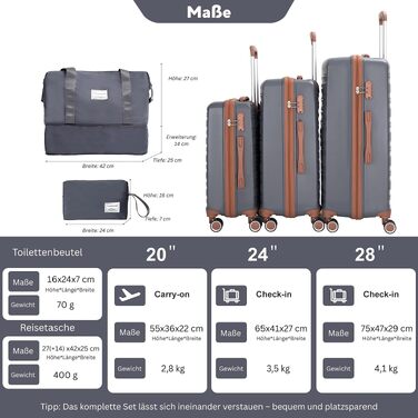 Набір валіз Travelhouse Ascona Premium (5 предметів) — Жорсткий корпус ABS-полікарбонат, TSA-замок, подвійні колеса, сумка для подорожей та косметичка, Сірий