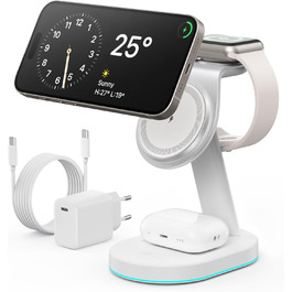 Бездротова зарядка 3-в-1 з MagSafe, USB-C та нічним світлом для iPhone 16/15/14/13/12, Apple Watch та AirPods (біла)