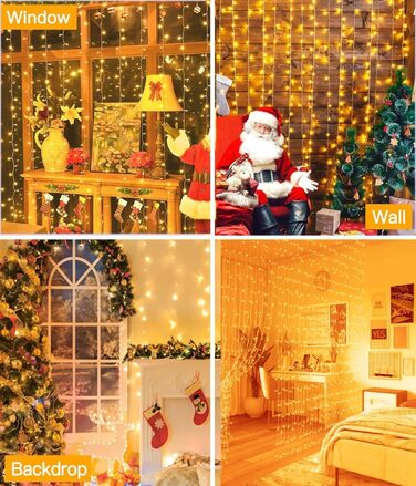 Лямпаденний завіс 6м x 3м, 600 LED, з вилкою, таймером, 8 режимів, вологостійкий, тепле світло. Ідеально для декору вікна, павільйону, саду, на Різдво.