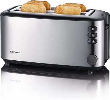 SEVERIN Automatic Long-Slot Toaster, Toaster with Roll Holder, high-quality stainless steel toaster with large toasting chambers and 1400 W power, brushed stainless steel/black, AT 2509