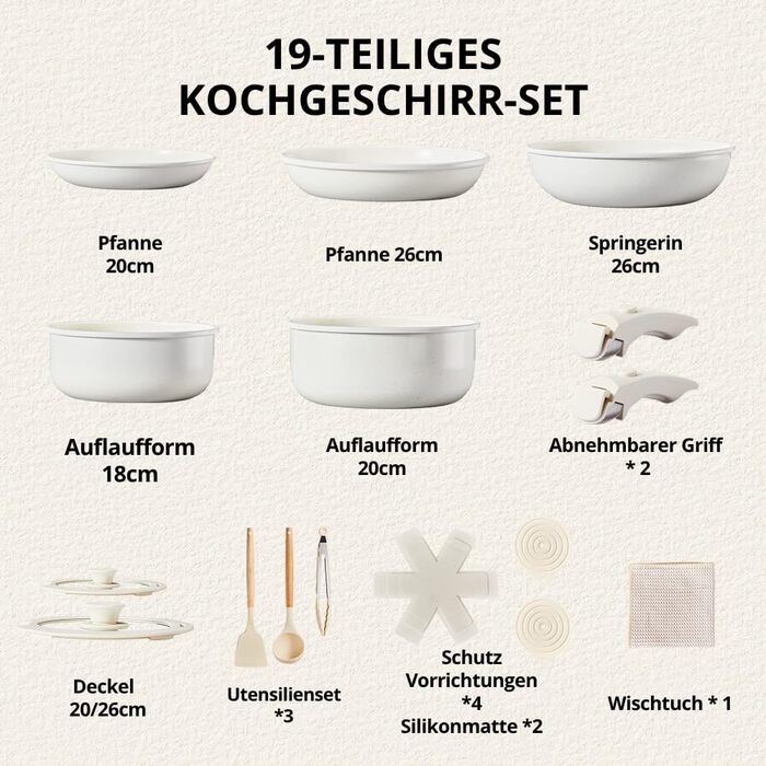 Набір каструль LEADZM з керамічним покриттям (22 шт.) - сумісний з усіма плитами, без PFOA/PFOS, бежевий