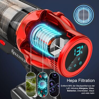 Бездротовий акумуляторний пилосос KESSER® з LED дисплеєм, 70 хв роботи, без мішка, для твердих поверхонь, килимів, шерсті тварин, чорний/червоний