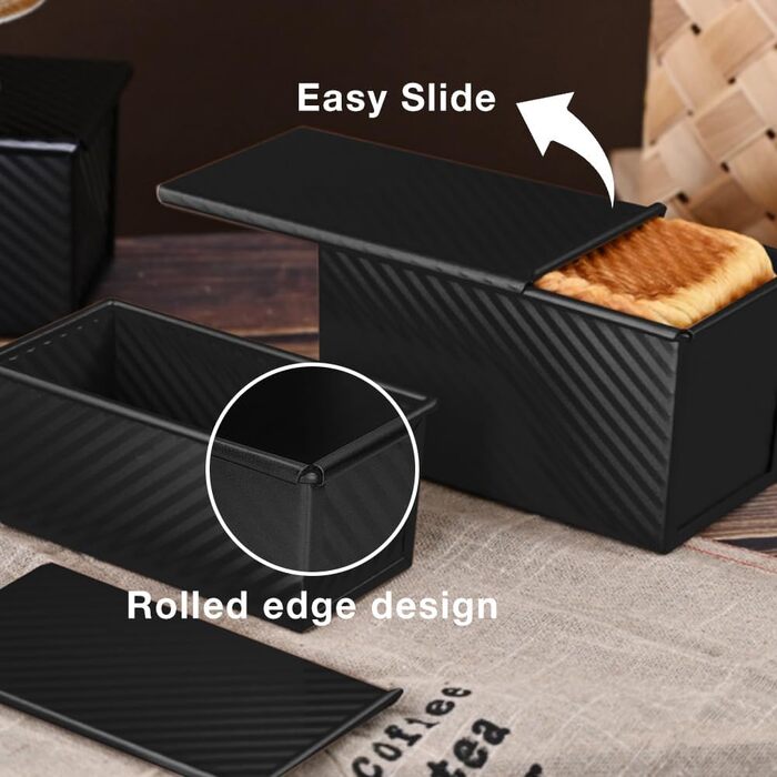 Loaf Pan with Lid, 21 x 12 x 11 cm Rectangular Pullman Bread Toast Mold 450g Dough Bread Baking Pan, Black Carbon Steel Non-Stick Toast Bread Pan Baking Pans for Loaf Pastries